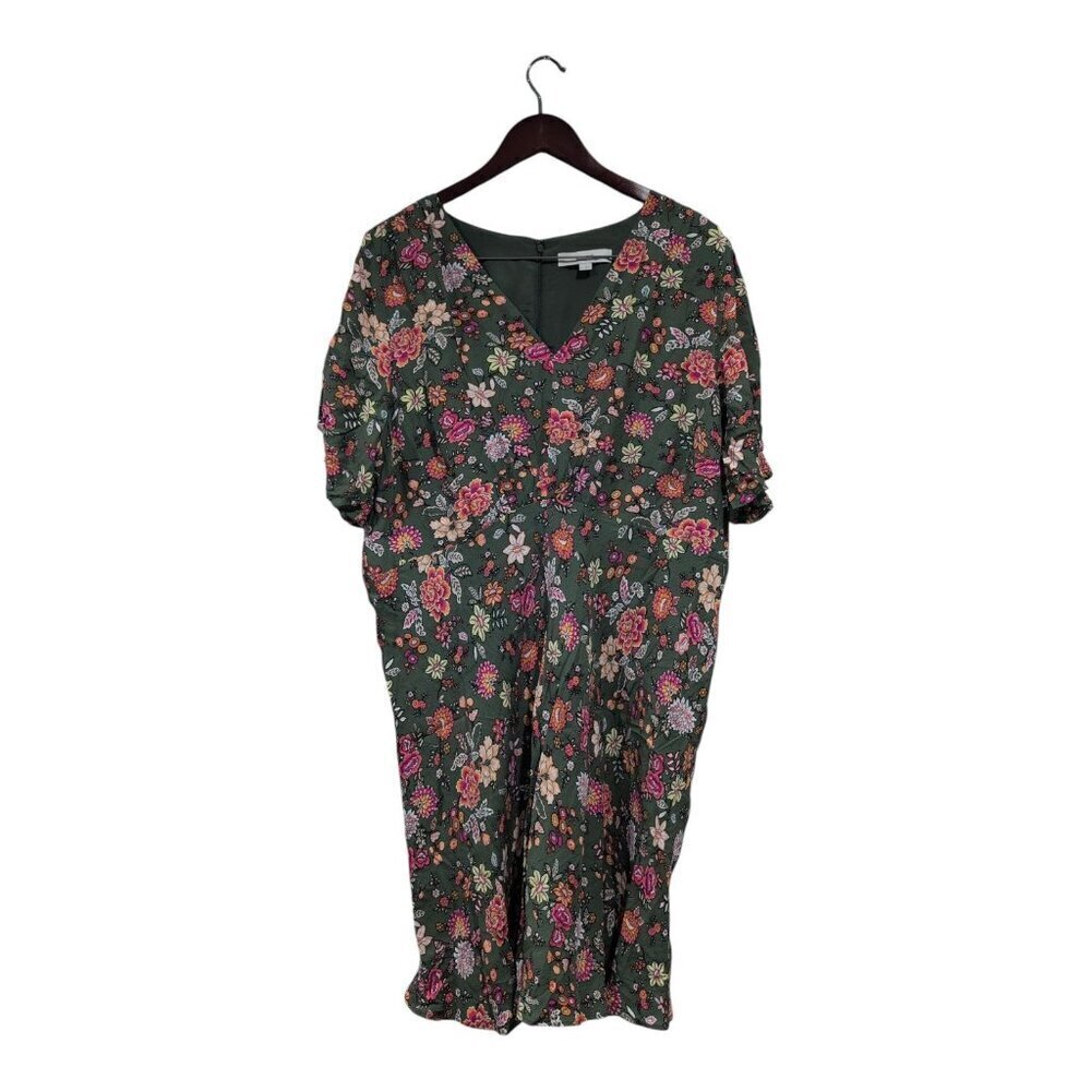 LOFT Women's Country Garden Puff Sleeves V-Neck Mini Dress Green Floral Size 18